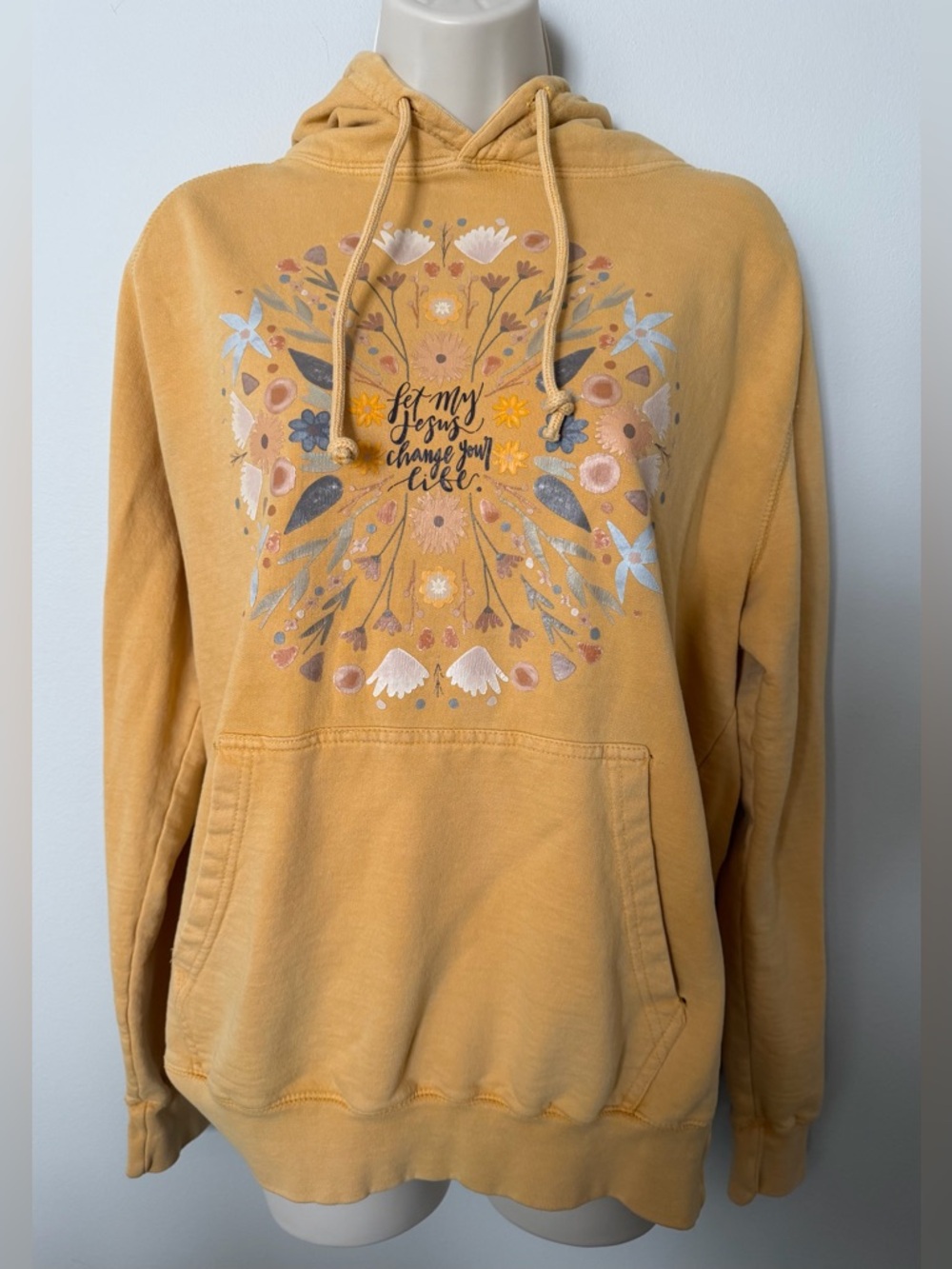 Lane Seven Mustard Yellow Floral Graphic Hoodie Sweatshirt w/ Christian Message